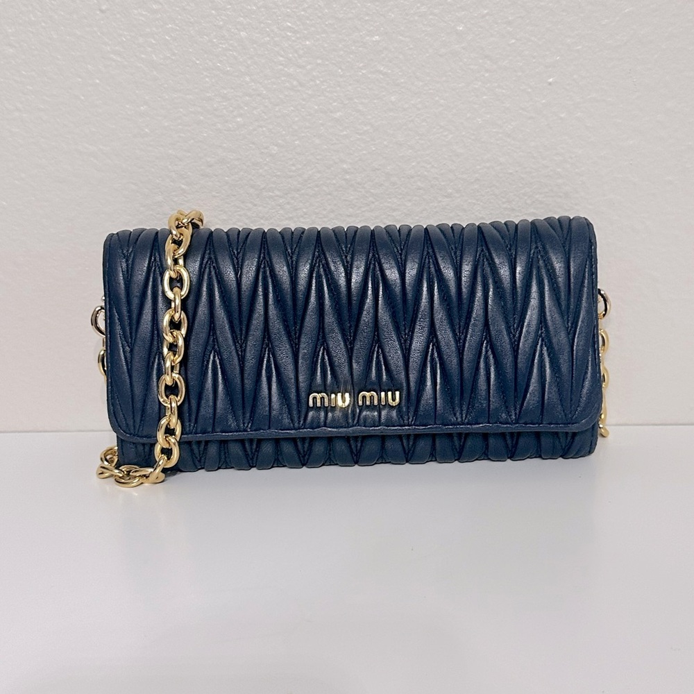 Authentic Miu Miu Blue Quilted Wallet with Gold Chain